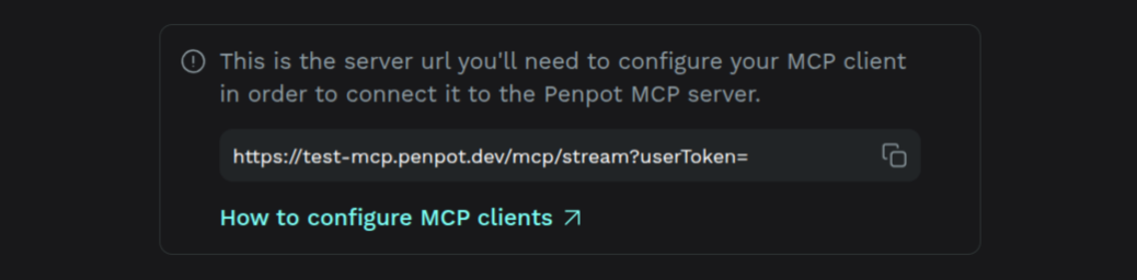 MCP Server in Penpot Integrations, copy server url